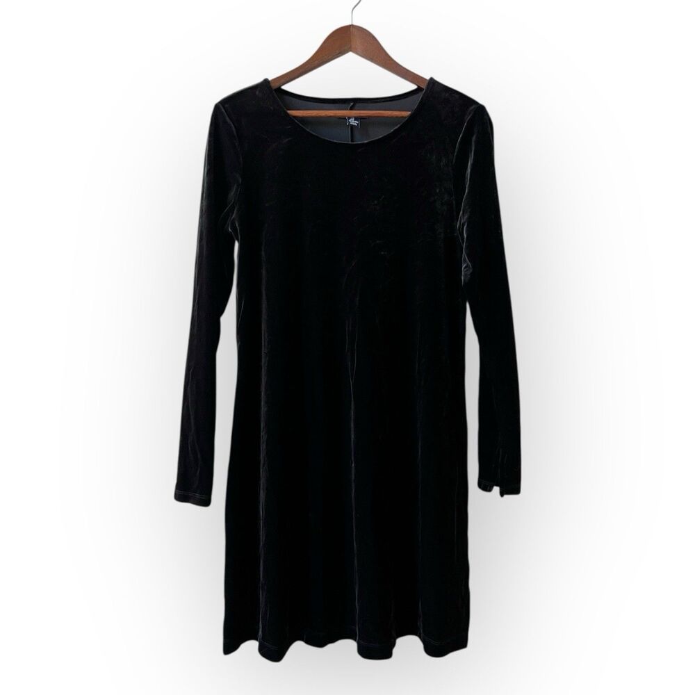 Vintage Gap Y2K Black Velvet Knee Length Dress Medium Long Sleeve Goth Witchy